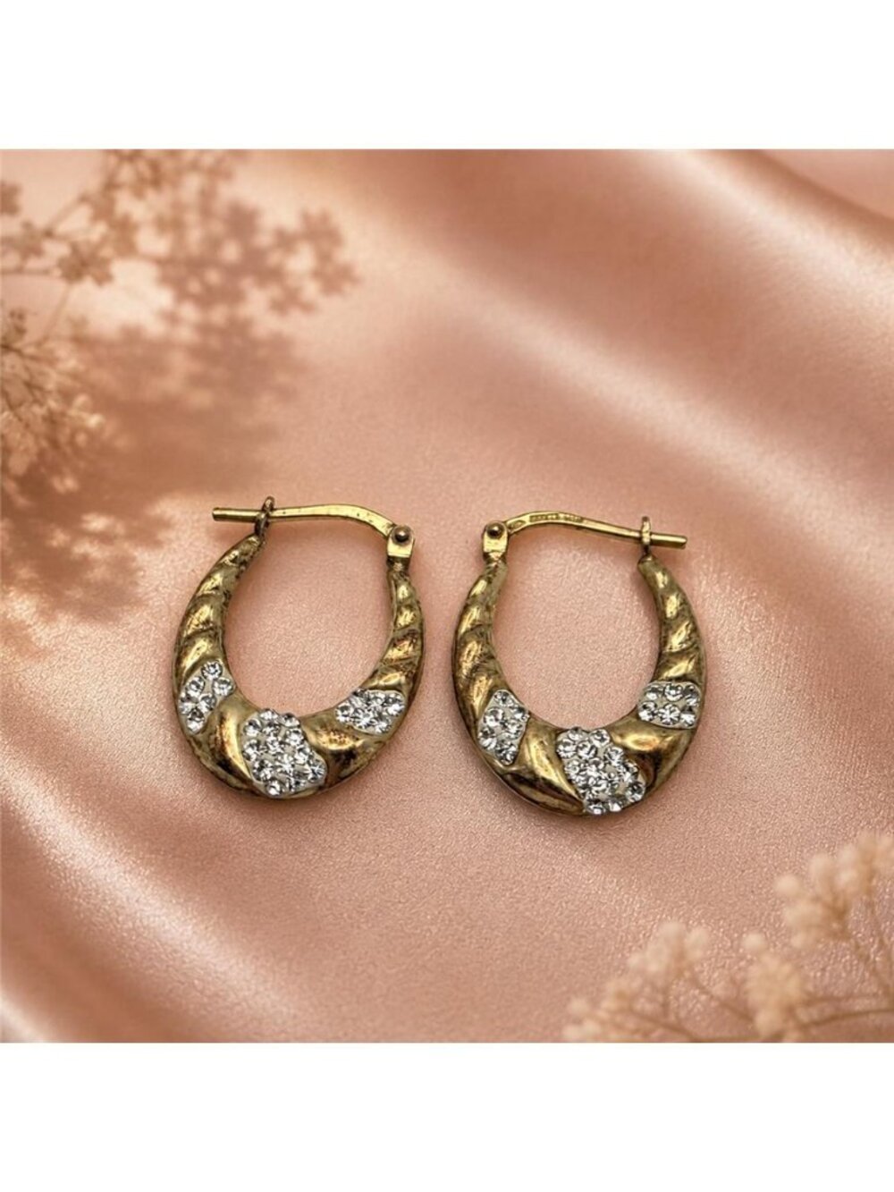 Jordan MOM 925 Sterling Silver Gold Vermeil CZ Ribbed Hoop Earrings 19mm Vintage